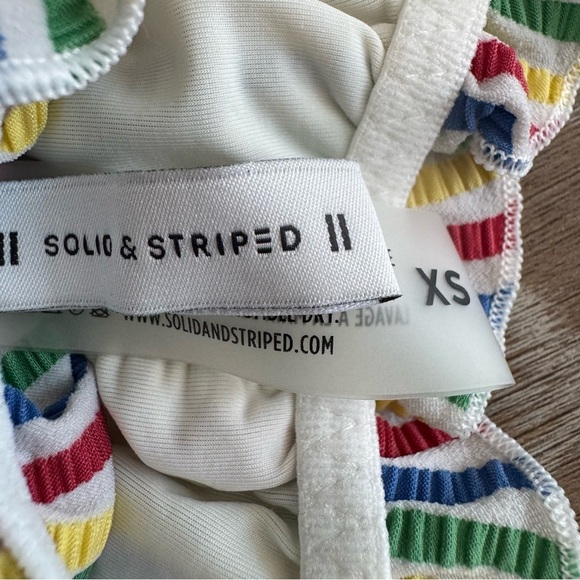 Solid & Striped Women's XS Rainbow Striped Bikini Seersucker Ruffle Audrey Top - Picture 7 of 14